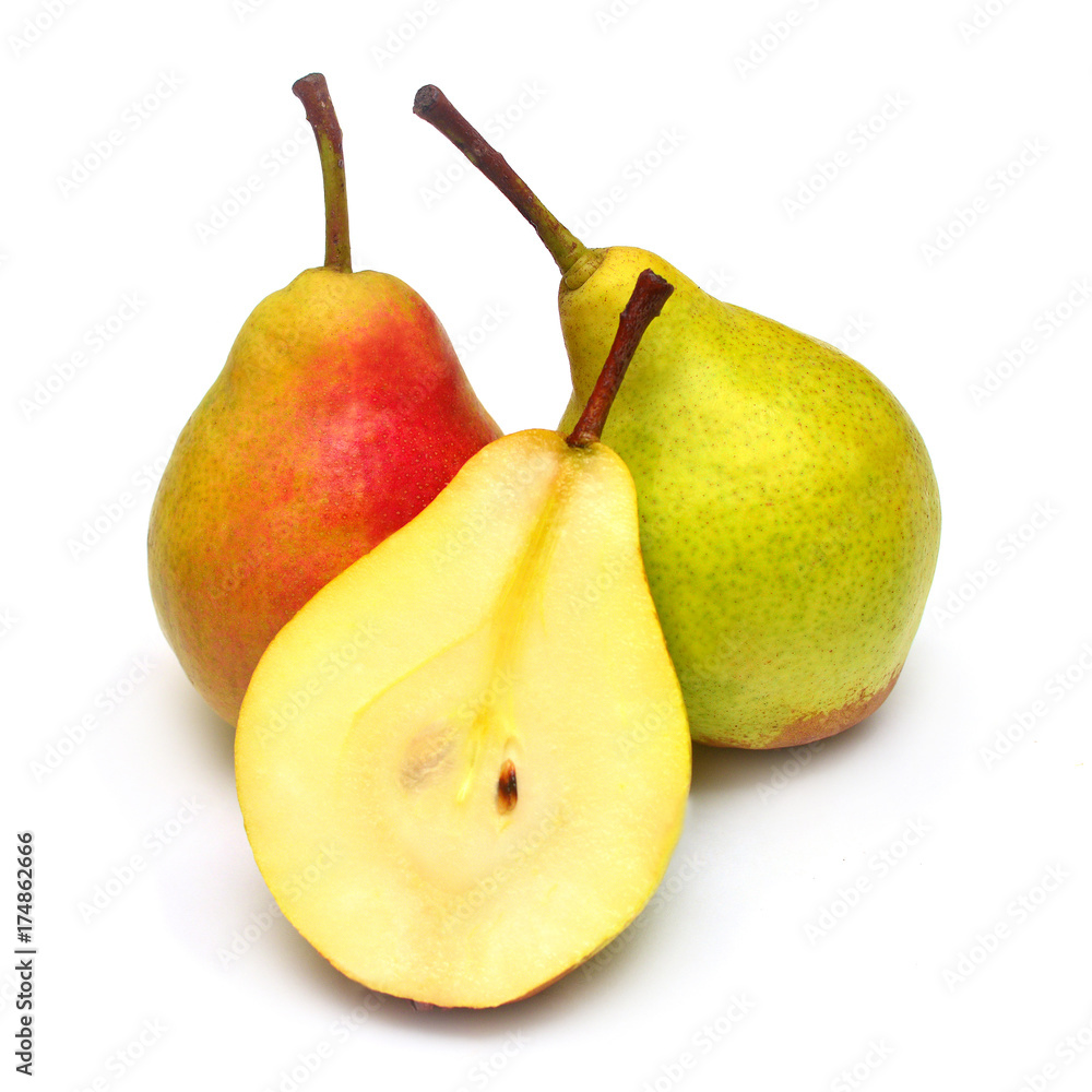 Pears cut into slices beautiful fruit isolated on white background. Delicious and healthy food for weight loss and after sports. Pears cut into slices beautiful fruit isolated on white background. Delicious and healthy food for weight loss and after sports.