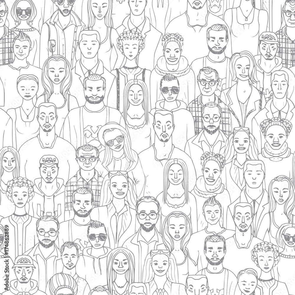 people seamless vector pattern. Hand drawn crowd