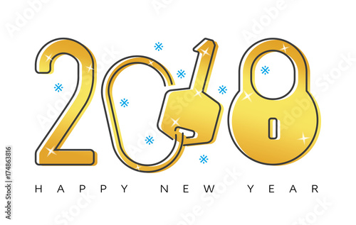 Happy 2018 new year flat thin line gold greeting card design concept. Isolated snow flakes, keys & lock symbols on white background.