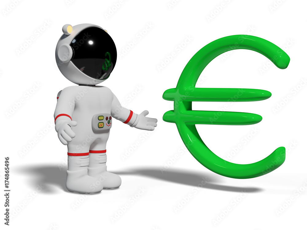 astronaut looking at green euro sign, cute cartoon character with currency symbol isolated on white background astronaut looking at green euro sign, cute cartoon character with currency symbol isolated on white background