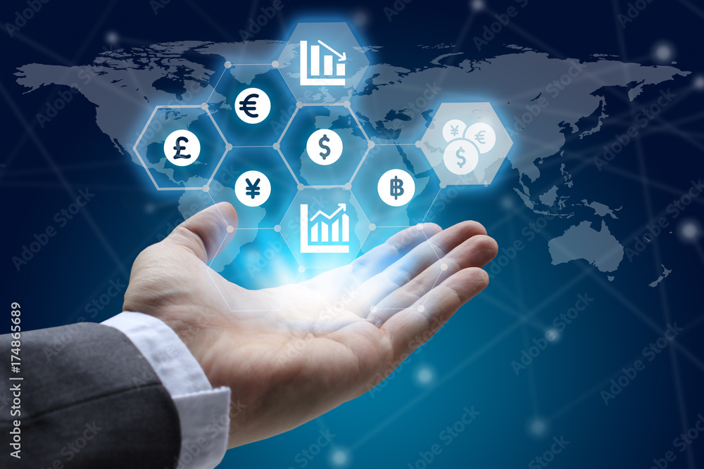 hand holding global network using Currencies sign symbol interface of Fintech over the Network connection of World map background, Investment Financial Technology Concept hand holding global network using Currencies sign symbol interface of Fintech over the Network connection of World map background, Investment Financial Technology Concept