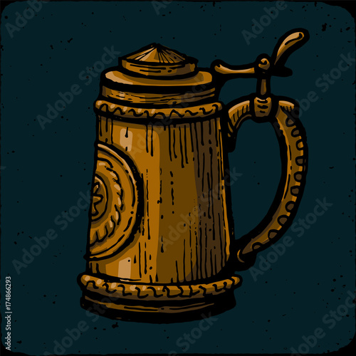 Retro style beer mug, cup or glass engraving. Porter, stout, red ale, amber ale, craft beer, light beer, lager, Indian pale ale, American pale ale. Bronze beer mug in the Gothic style. Local brewery