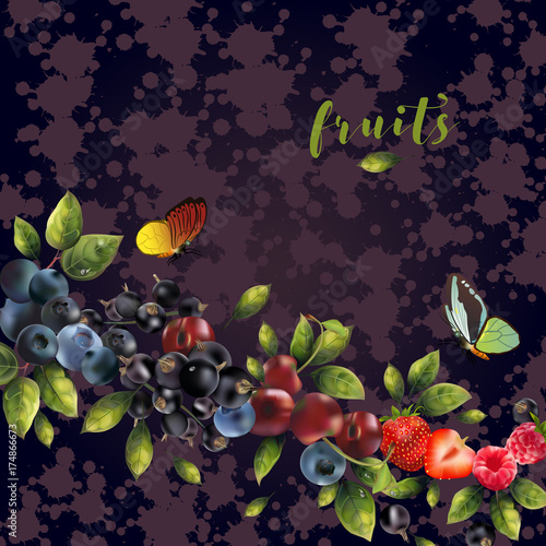 realistic berries on a dark purple abstract background.