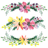 Watercolor composition of flowers. Watercolor painted flowers with leaves and branch. Hand drawn flowers.