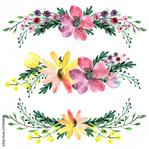 Watercolor composition of flowers. Watercolor painted flowers with leaves and branch. Hand drawn flowers.