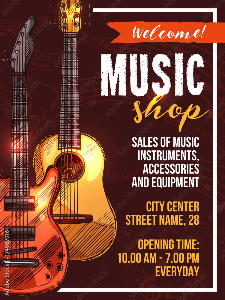 Fototapeta premium Vector music shop poster sketch musical instrument