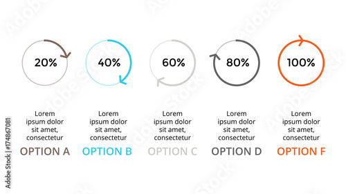 Vector circle arrows infographic, cycle percents diagram, status graph, presentation chart. Business concept with 5 options, parts, steps, processes. 16x9 dark template.