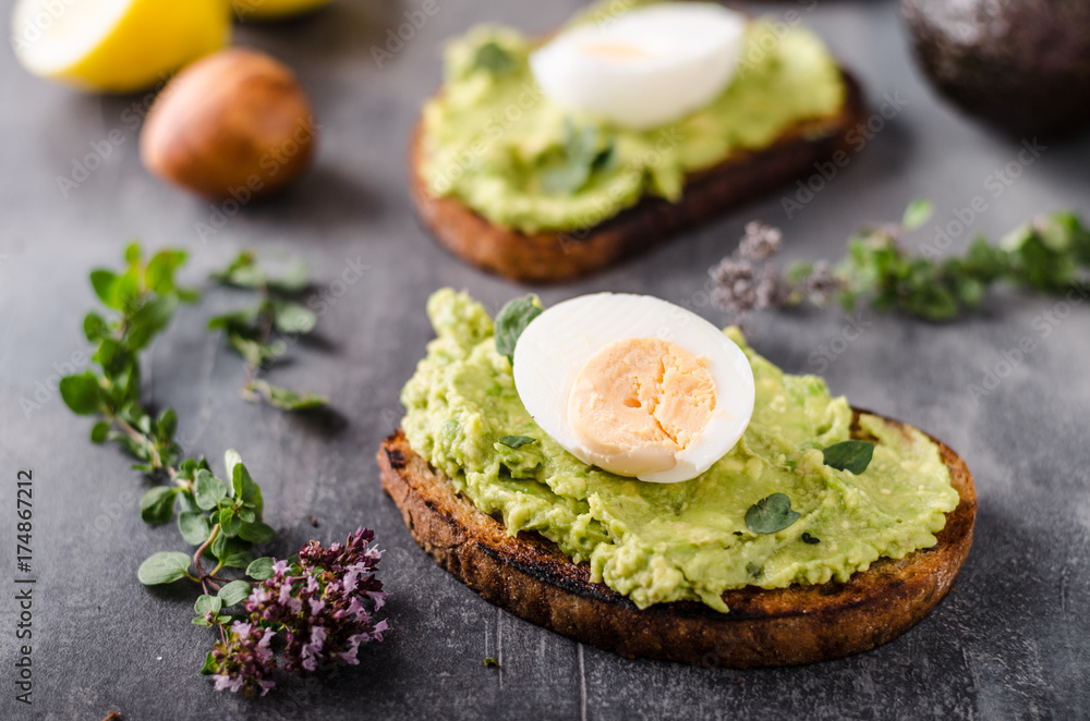 Bio avocado on bread with boiled egg