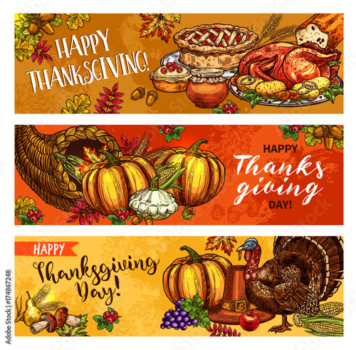Thanksgiving day vector greeting banners sketch