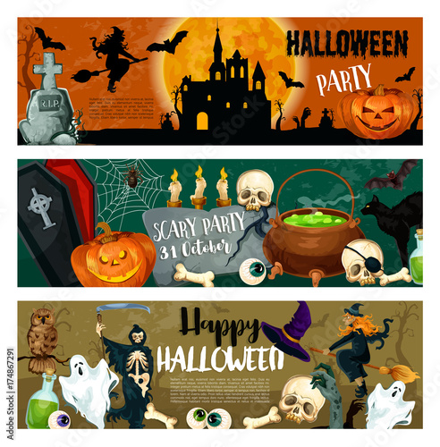 Halloween vector monster night party banners