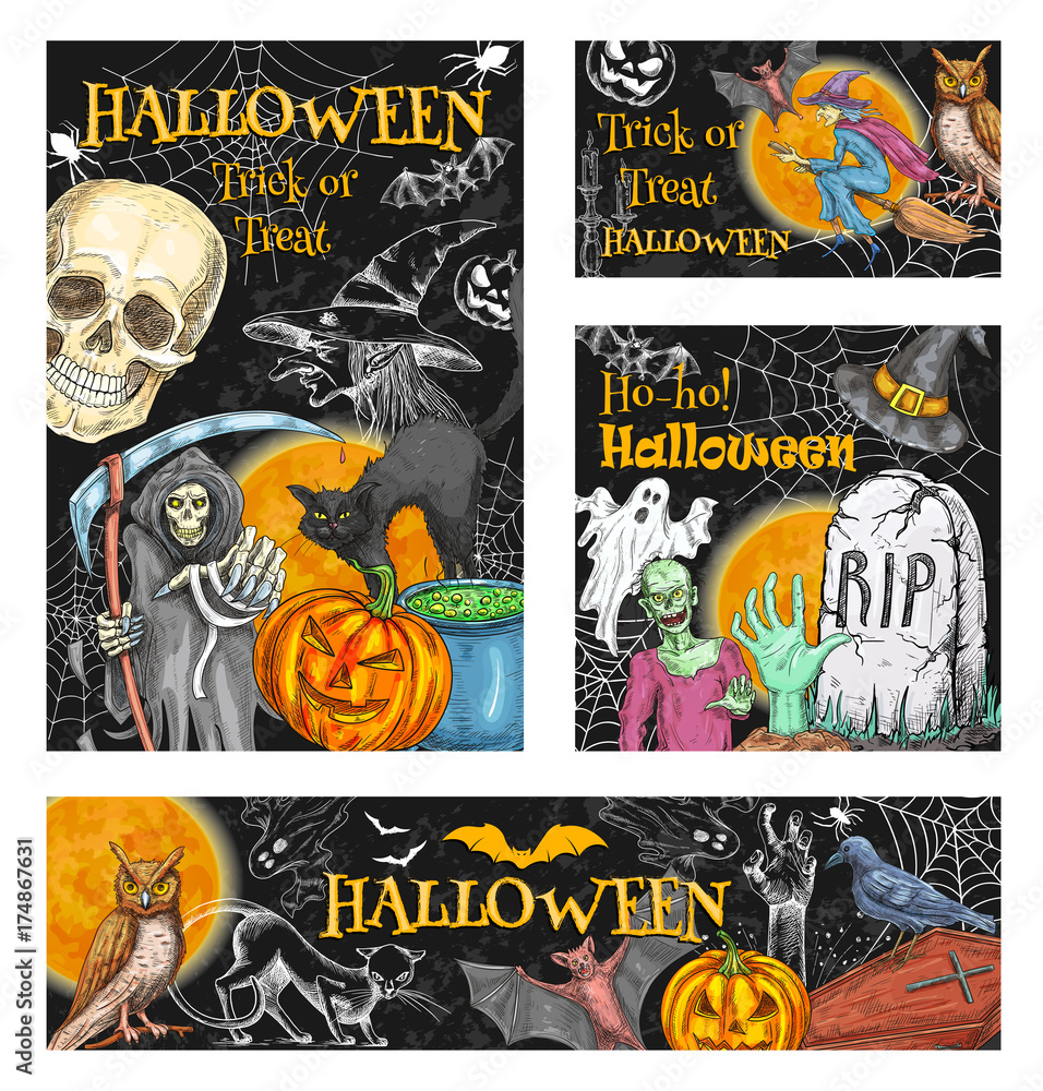 Halloween witch monsters vector sketch posters