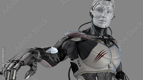 Futuristic Robot vorking with virtual interface. Alpha channel transparent background included photo