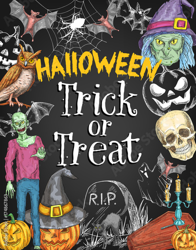 Halloween holiday trick treat vector sketch poster