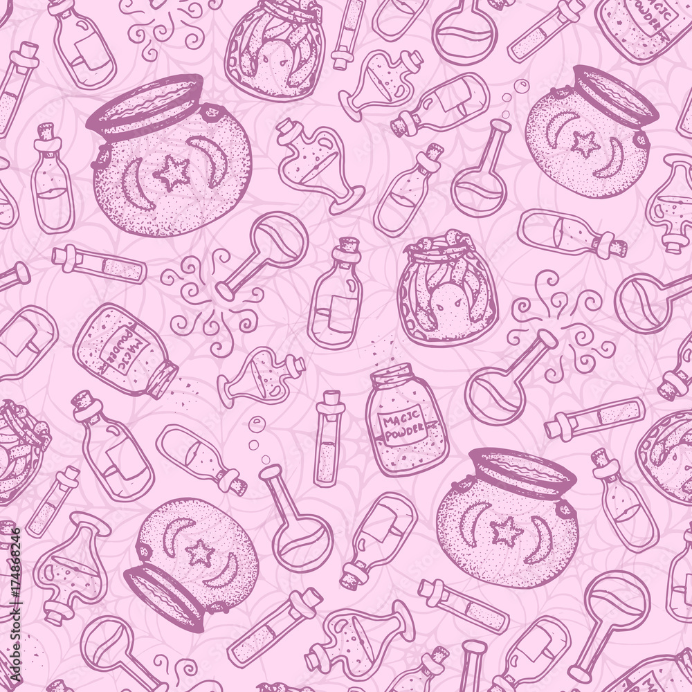 Vector hand drawn purple witch bottles seamless pattern on the pink background. Black outline of potions, elixirs, vials and cauldrons. Cute halloween design. Vector hand drawn purple witch bottles seamless pattern on the pink background. Black outline of potions, elixirs, vials and cauldrons. Cute halloween design.