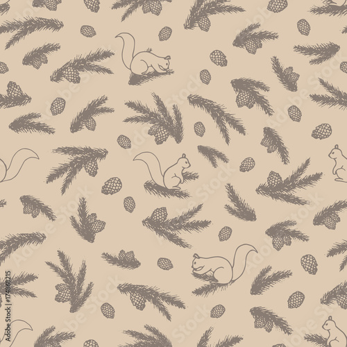 Vector seamless pattern with forest elements contours: squirrels, pine branches and cones on the beige background. Cute christmas ornament. © Anastasia