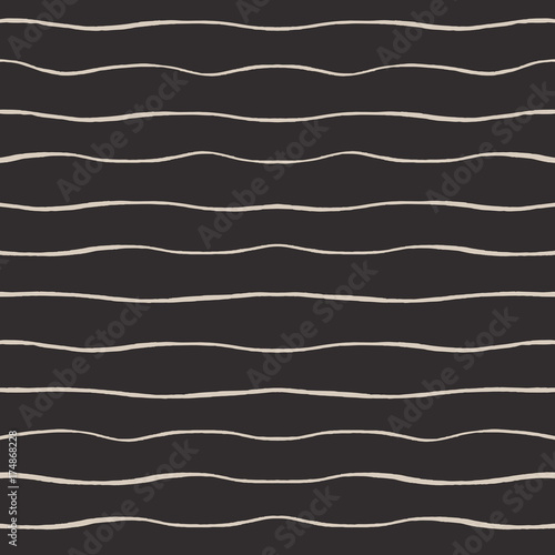 Vector wavy horizontal strokes seamless pattern on the drak gray background. Abstract design.