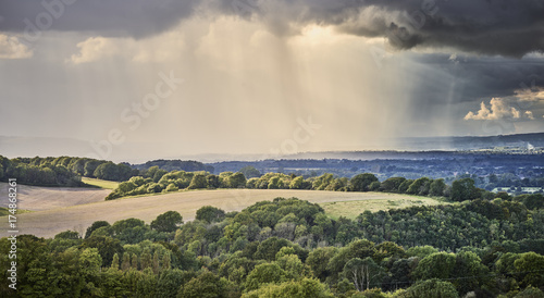 Landscape view over the South Downs National Park on a stormy summer day