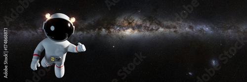 cartoon astronaut character in white space suit in front of the Milky Way galaxy (3d illustration banner) © dottedyeti
