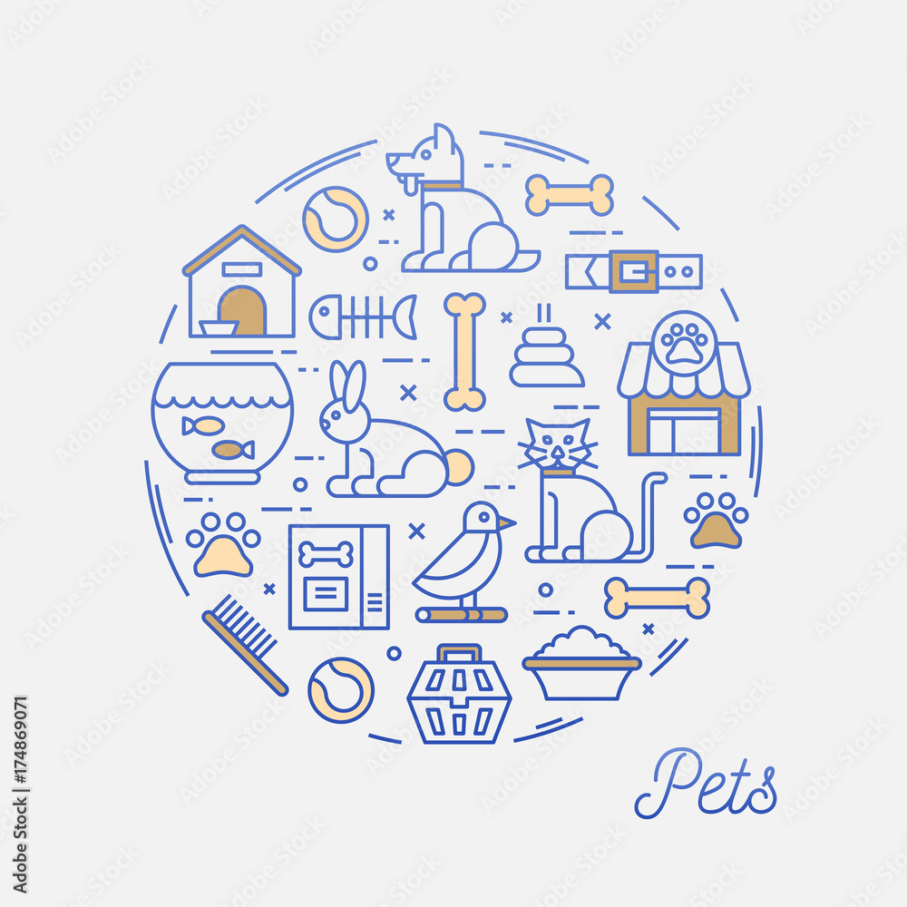 Pets, thin line icons circular frame banner, vector illustration