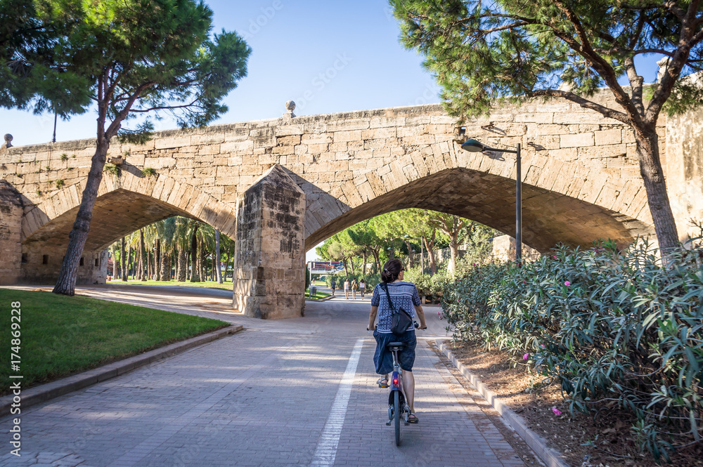 Cycliste dans les jardins du Túria à Valence, Espagne - obrazy, fototapety, plakaty 