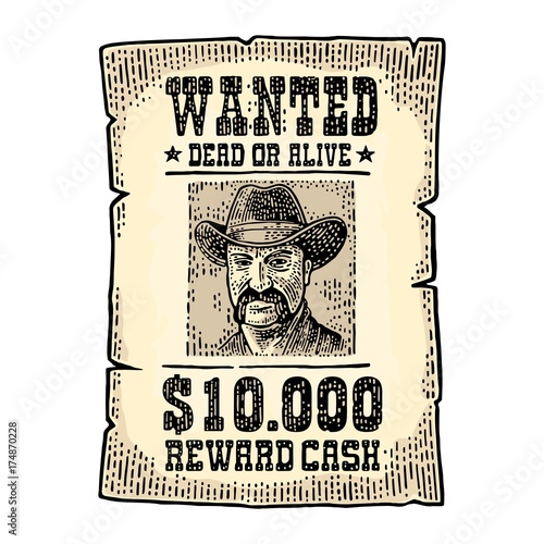 Wanted poster with man in hat. Vintage engraving