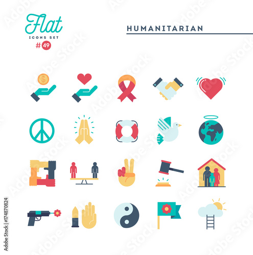 Humanitarian, peace, justice, human rights and more, flat icons set, vector illustration