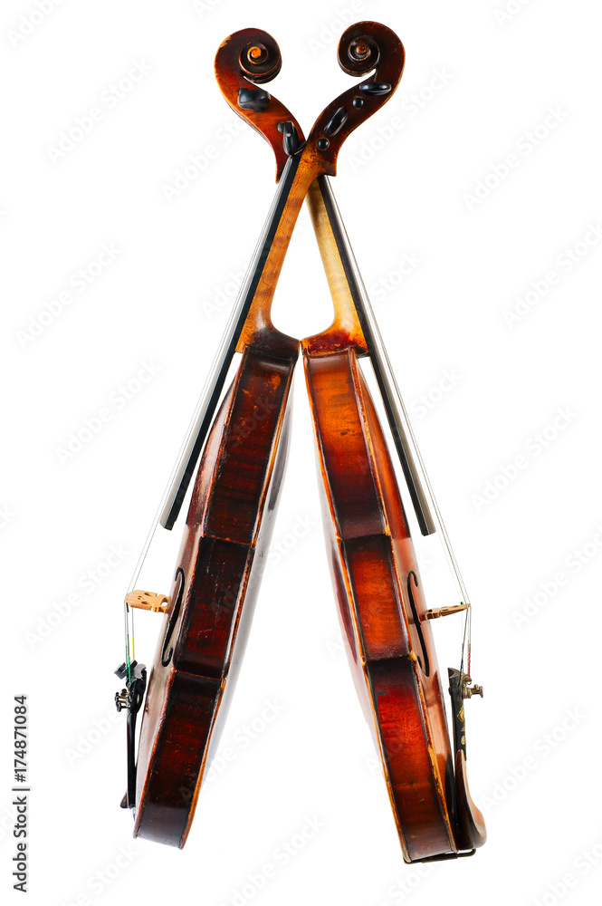 two violin image .old brown stringed wooden instrument isolated on the white background two violin image .old brown stringed wooden instrument isolated on the white background