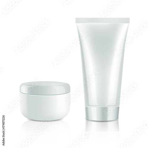 Mock up cosmetic realistic white plastic cream bottle and tube isolated on white background. Beauty product package template, vector illustration.