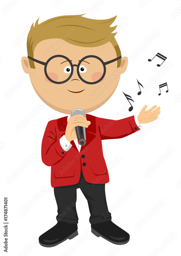 Cute nerd little boy with glasses sings with a microphone Cute nerd little boy with glasses sings with a microphone