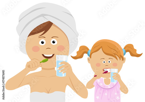 Young mother with her little daughter brushing their teeth