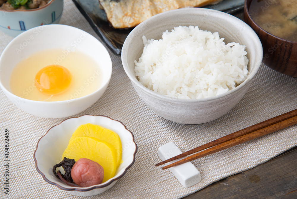 raw egg, rice and natto for japanese breakfast raw egg, rice and natto for japanese breakfast