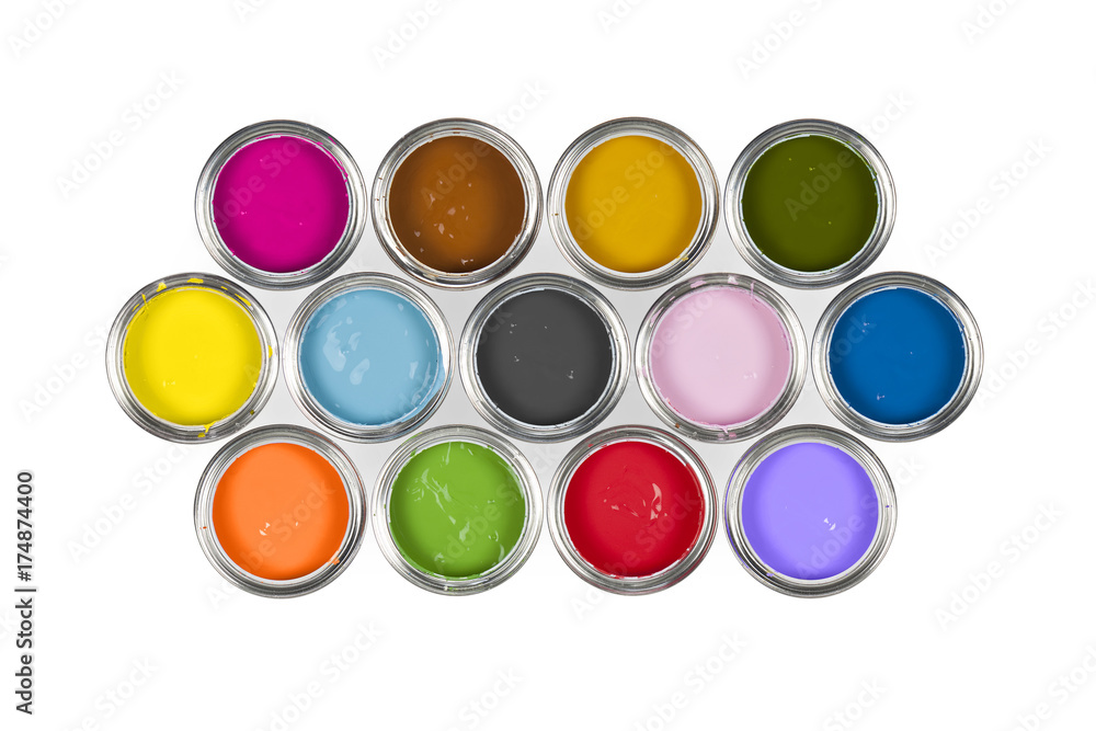 An arrangement of 13 colourful paint pots. An arrangement of 13 colourful paint pots.