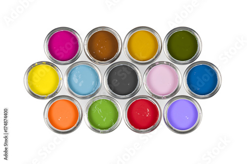 An arrangement of 13 colourful paint pots.