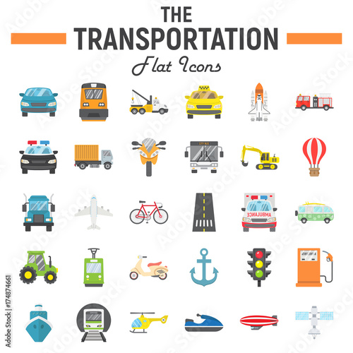 Transportation flat icon set, transport symbols collection, vehicle vector sketches, logo illustrations, navigation signs colorful solid pictograms package isolated on white background, eps 10.
