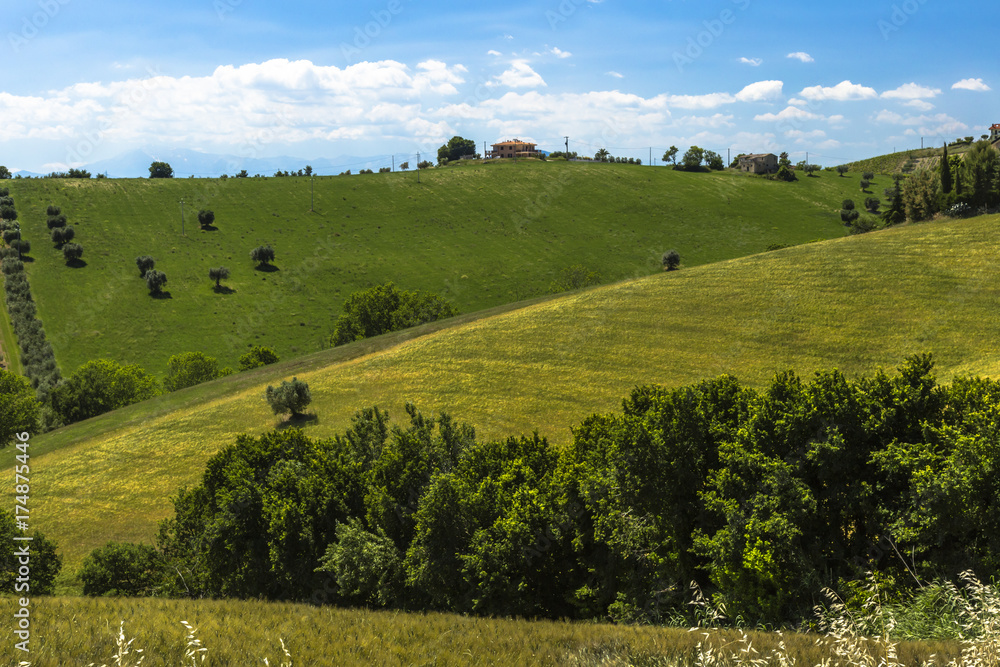 Beautiful panoramic view of the Apennines mountains with fields and hills, Italy