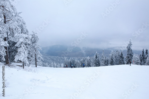 winter mountain landscape with skiing slope. © Lucky Fenix