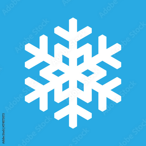 Snowflake icon. Christmas and winter theme. Simple flat white illustration on blue background.