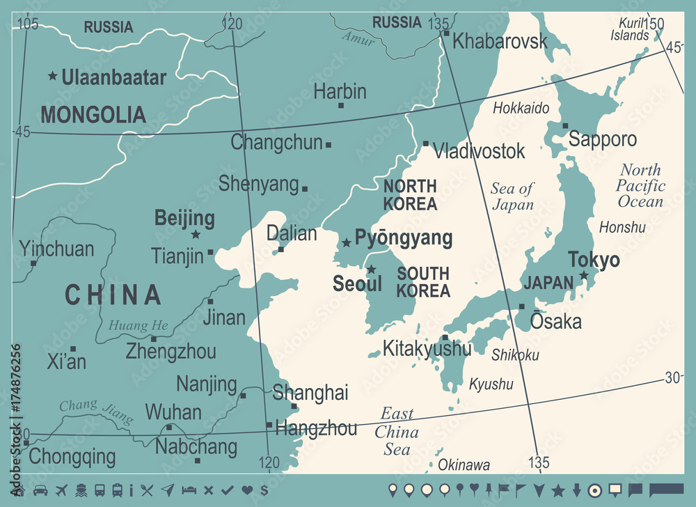 Fototapeta premium North Korea South Korea Japan China Russia Mongolia Map - Vintage Vector Illustration