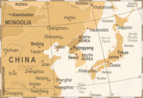 North Korea South Korea Japan China Russia Mongolia Map - Vintage Vector Illustration