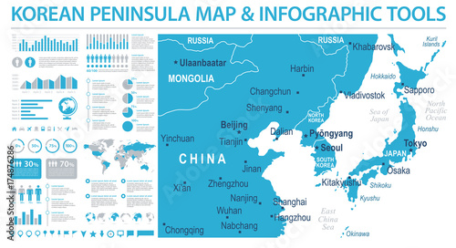 North Korea South Korea Japan China Russia Mongolia Map - Info Graphic Vector Illustration