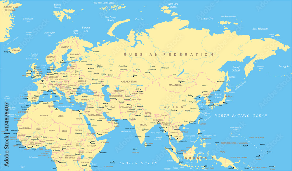 Fototapeta premium Eurasia Europa Russia China India Indonesia Thailand Africa Map - Vector Illustration
