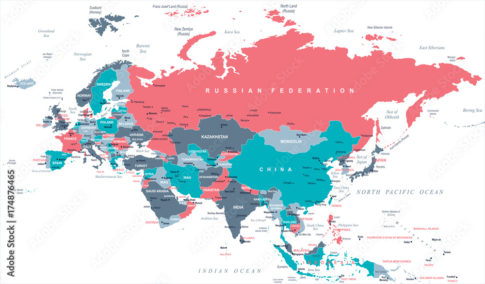 Obraz premium Eurasia Europa Rosja Chiny Indie Indonezja Mapa Tajlandii - ilustracji wektorowych
