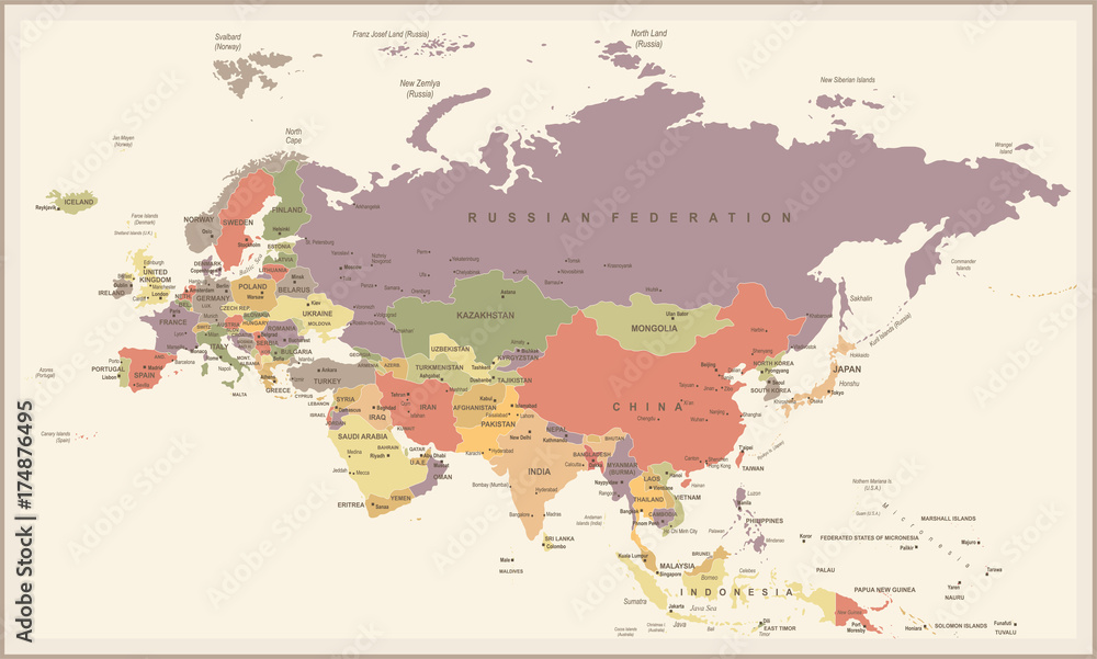 Eurasia Europa Russia China India Indonesia Thailand Map - Vintage Vector Illustration