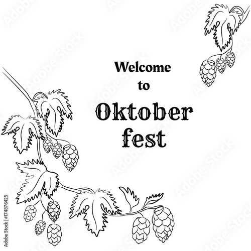Oktoberfest beer festival. Black and white illustration of hand-drawn branch of hops