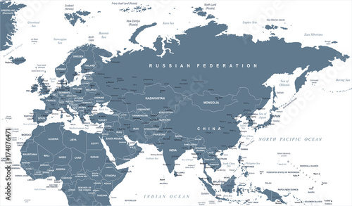 Fototapeta Naklejka Na Ścianę i Meble -  Eurasia Europa Russia China India Indonesia Thailand Africa Map - Vector Illustration
