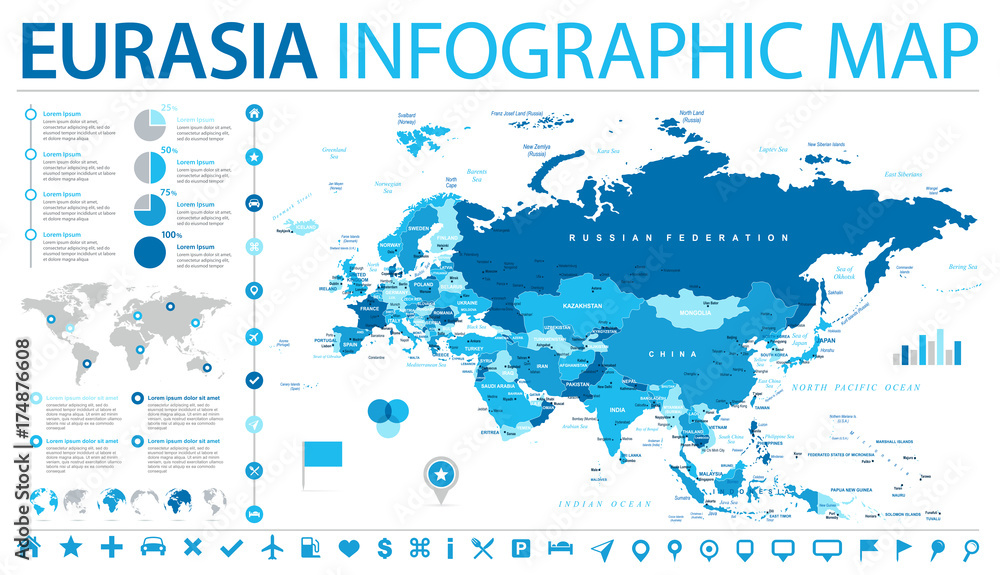 Naklejka premium Eurasia Europa Rosja Chiny Indie Indonezja Tajlandia Mapa - ilustracja wektorowa