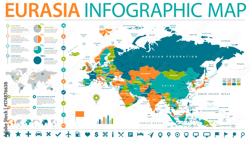 Fototapeta premium Eurasia Europa Rosja Chiny Indie Indonezja Mapa Tajlandii - ilustracji wektorowych