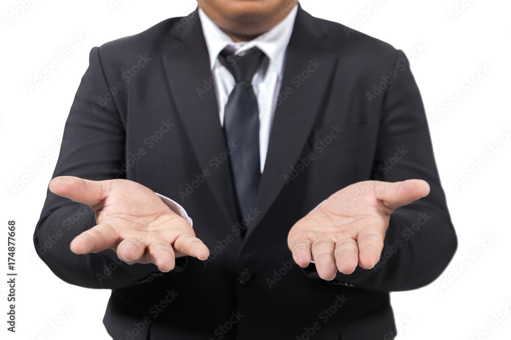 businessman in a suit opening palm hands