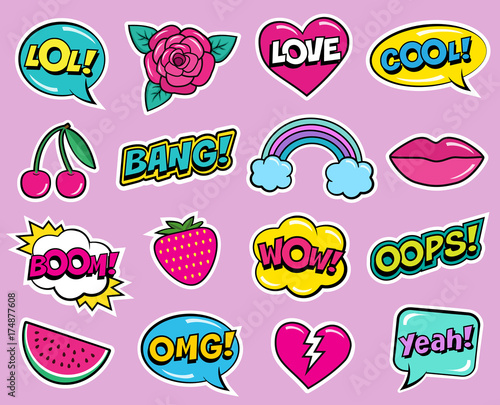 Cool modern colorful patch set on pink background. Fashion stickers of cherry, strawberry, watermelon, lips, rose flower, rainbow, hearts, retro comic bubbles, stars . Cartoon 80s-90s pop art style
