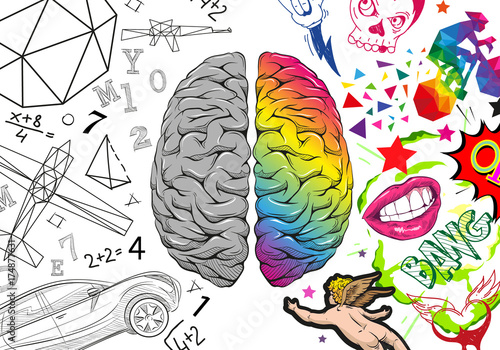 Versus human brain right and left hemisphere illustration. Creative concept vector design. 